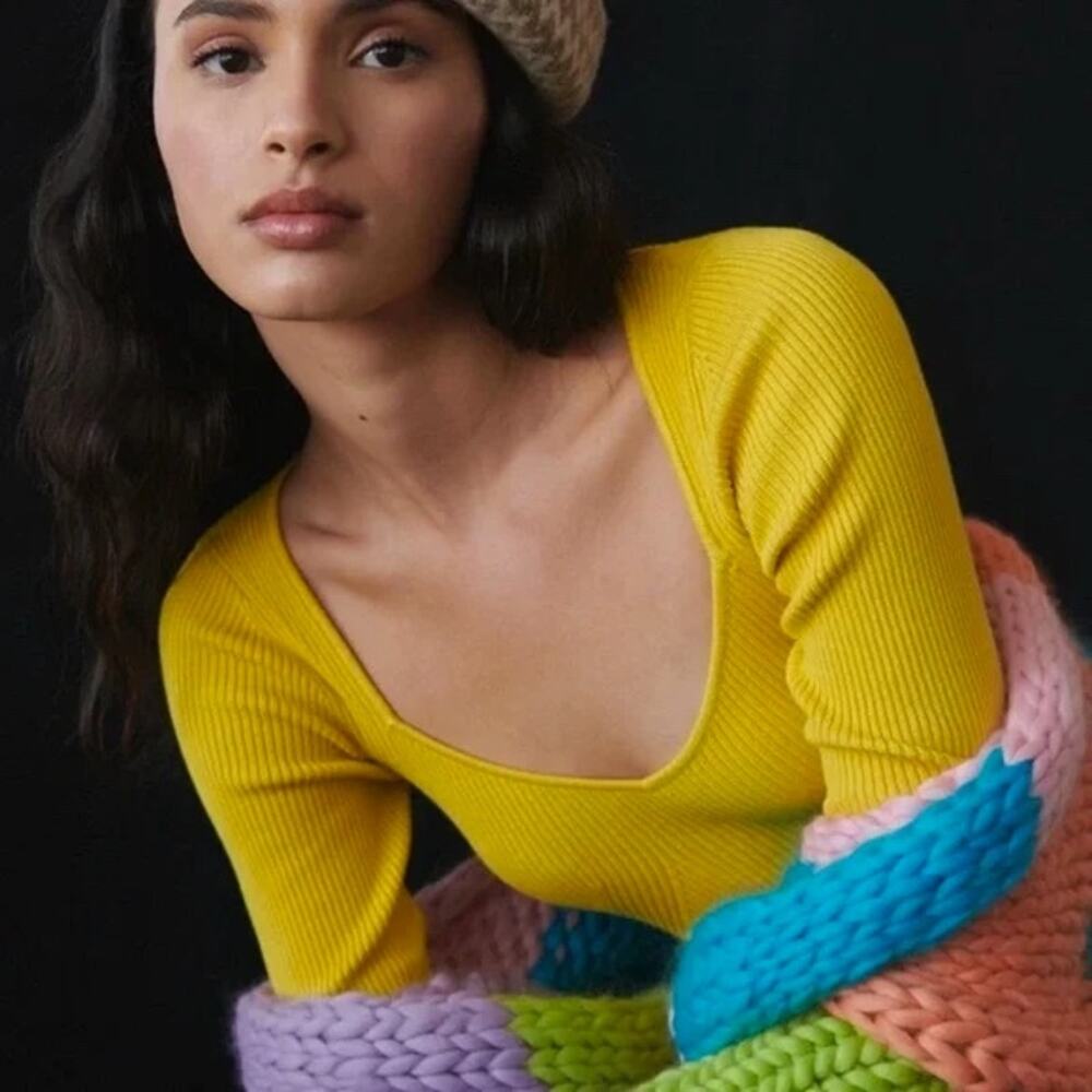 Anthropologie Sweetheart Neckline Sweater Large L Citron Yellow Ribbed Knit EUC - Picture 3 of 11